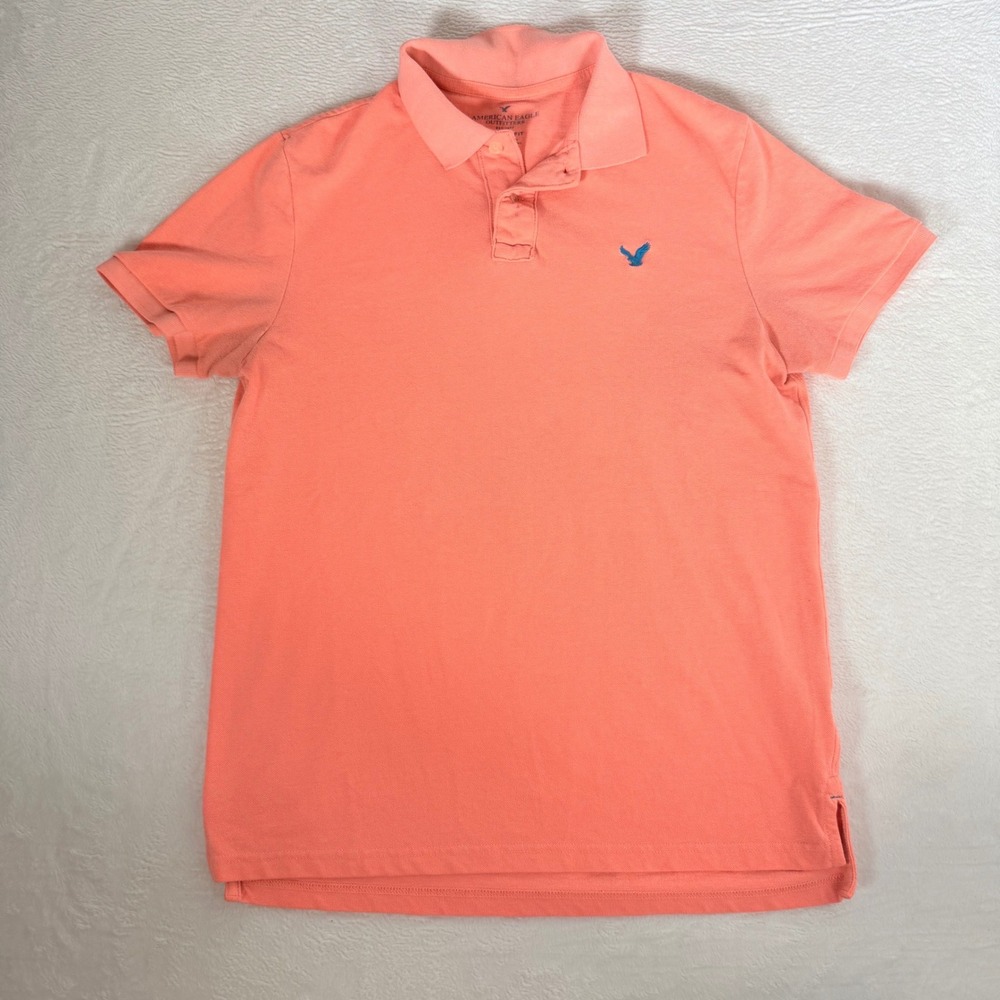 American Eagle Mens Pique Polo Shirt Salmon Pink Short Sleeve Blue Logo Cotton L